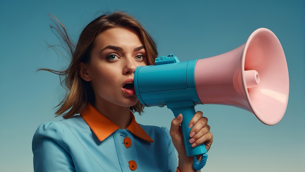 A woman calling out through a megaphone